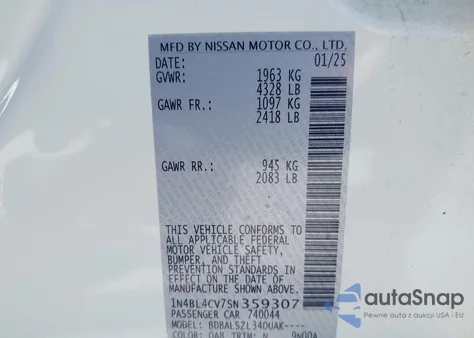 2025 Nissan Altima Sr z USA, uszkodzony, nr VIN 1N4BL4CV7SN359307